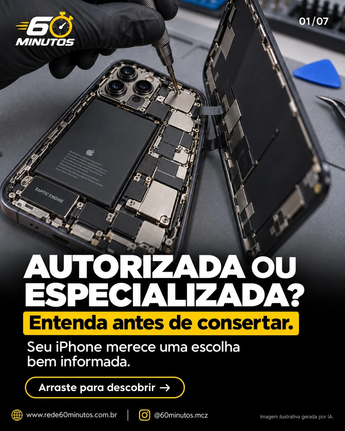 Autorizada ou especializada? Arte da 60 Minutos com iPhone aberto em cena ilustrativa gerada por IA.