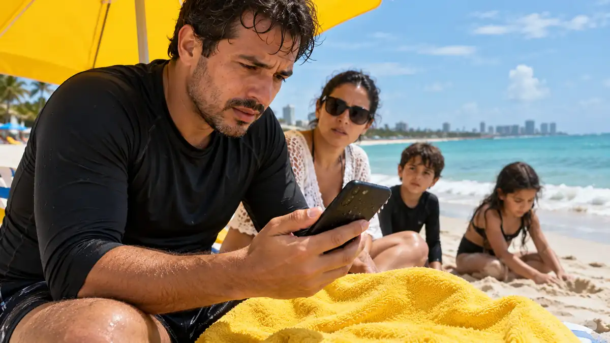 Família na praia com toalha amarela e celular molhado; cena ilustrativa criada com IA