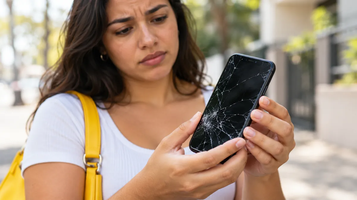 Detalhe de um celular com tela trincada nas mãos, com bolsa amarela ao fundo; cena ilustrativa criada com IA