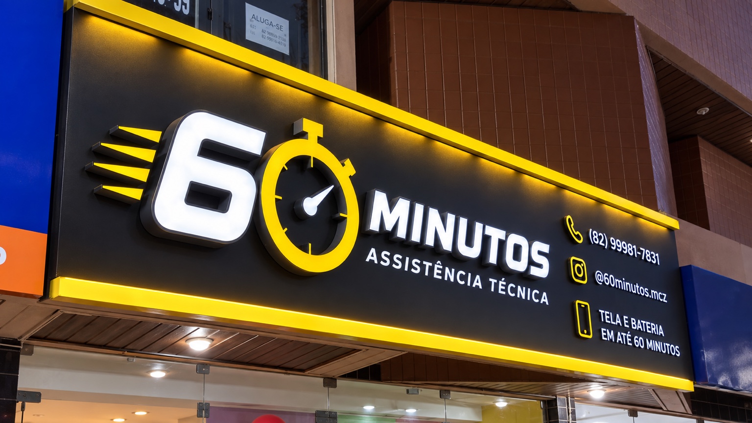 Detalhe do projeto da fachada com a logo oficial 60 Minutos e a identificação Assistência Técnica