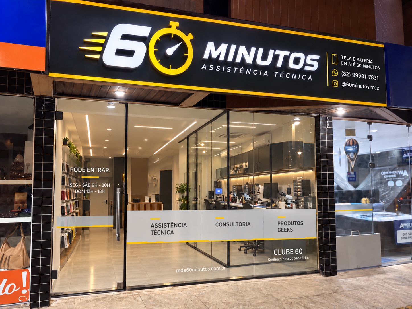 Projeto da frente da loja 60 Minutos, com a logo oficial, fachada iluminada e laboratório de vidro