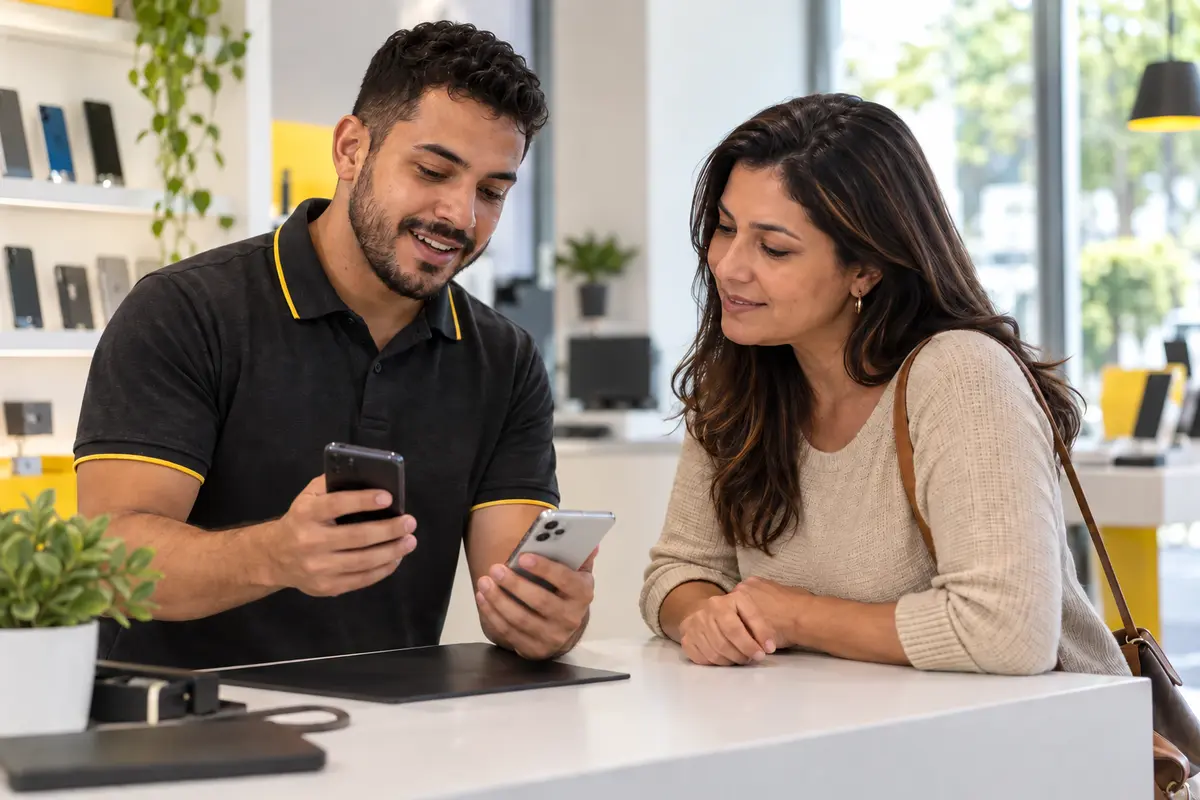 Cena ilustrativa de um consultor explicando a migração entre celulares a uma cliente