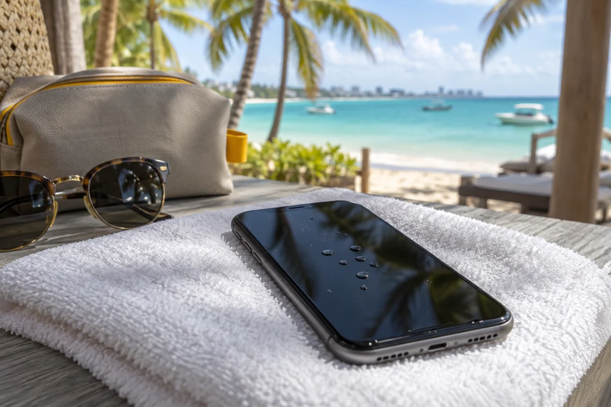 Cena ilustrativa de um celular com gotas sobre uma toalha, em uma paisagem de praia