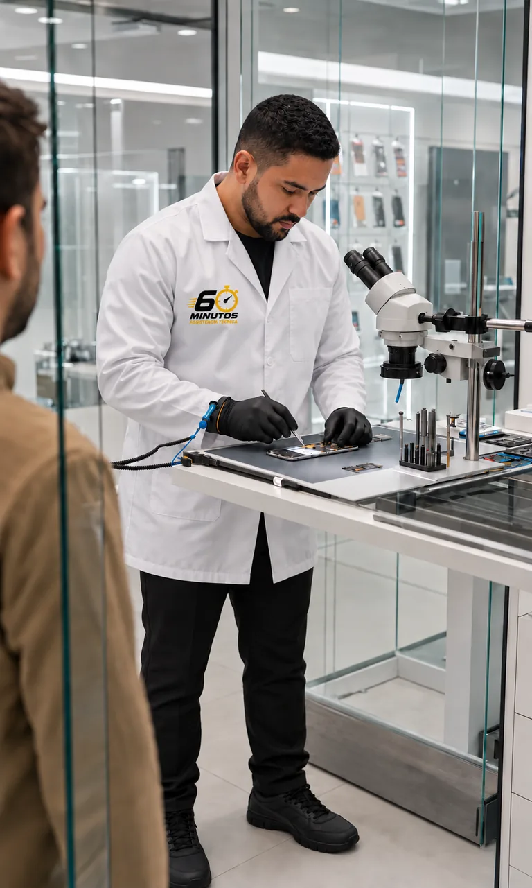Cena ilustrativa do técnico com jaleco branco da 60 Minutos reparando um celular